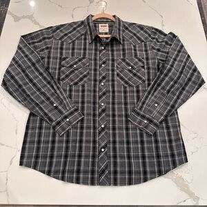 Levis Red Tab Mens Plaid Pearl Snap Shirt Sz XL Black Gray Plaid Cowboy Western